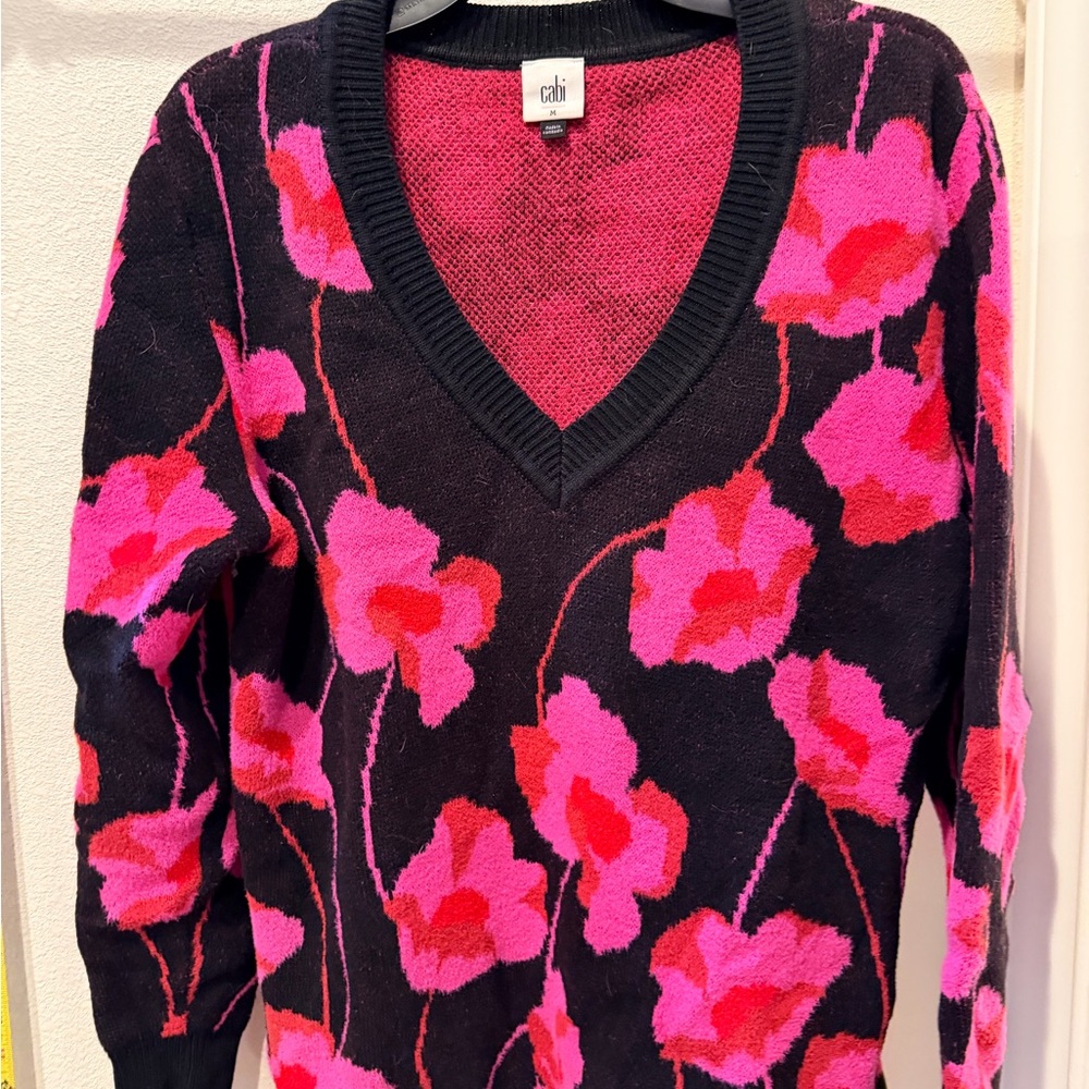 CAbi Black and Pink Floral V-Neck Sweater